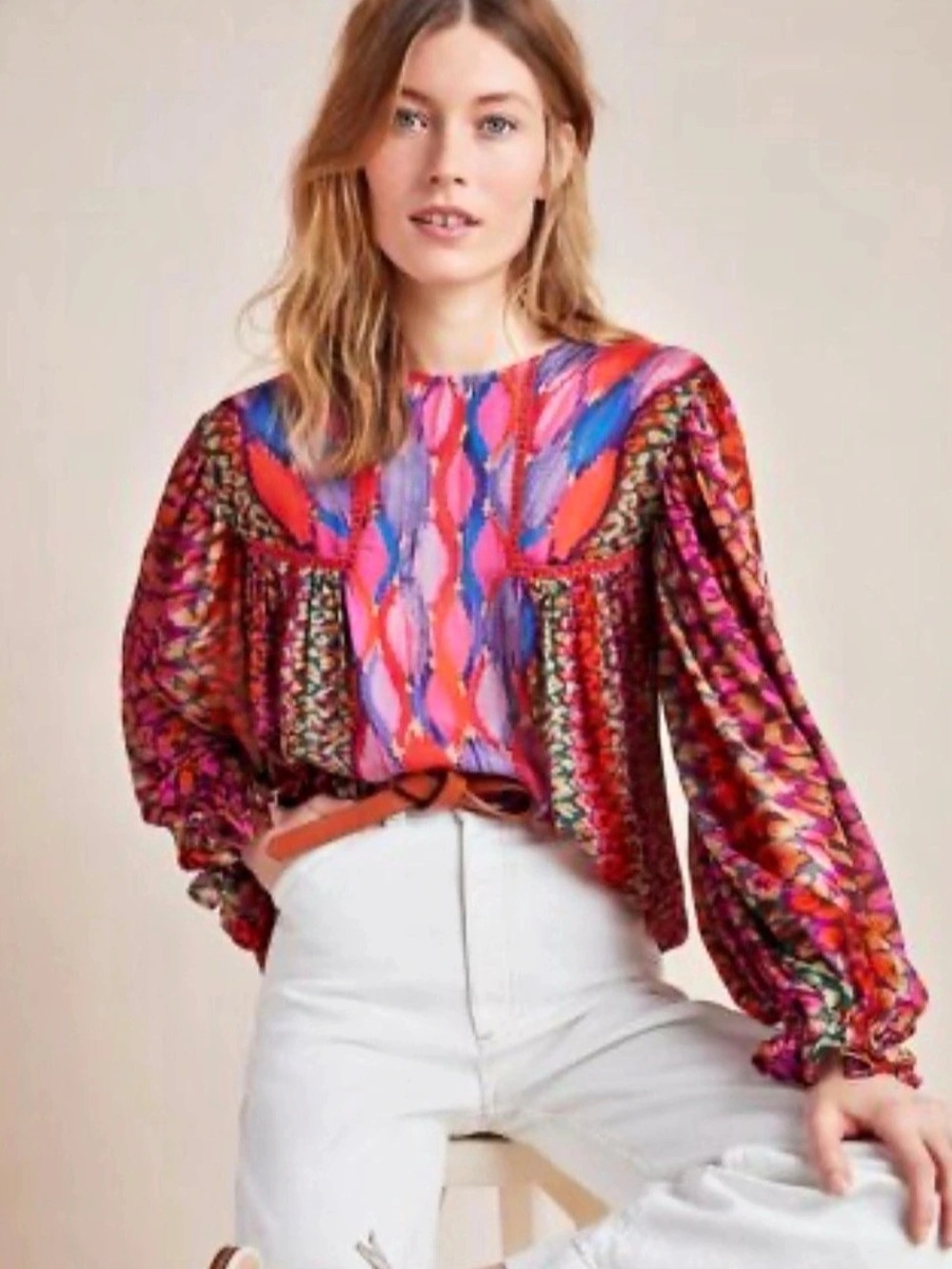 Bl^nk London Anthropologie Miranda Peasant Blouse Colorful Animal Print Small